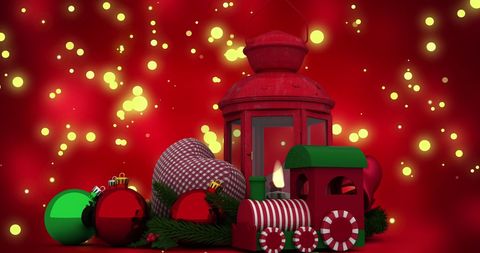 Christmas Lantern with Ornaments on Festive Red Background