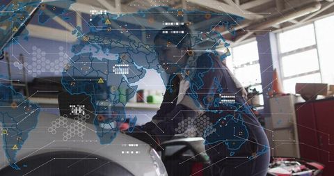Female mechanic inspecting engine with ar diagnostics and global hud overlay