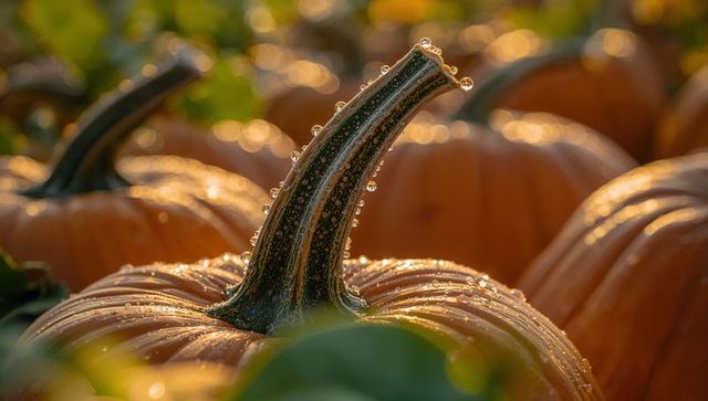 Pumpkin Stem Glistening with Dew in Morning Warmth