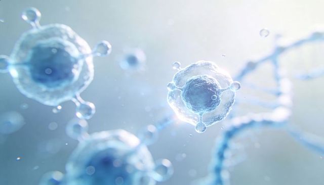 Floating Glowing Cells with Membrane Protrusions and DNA Helix in Blue Biomedical Concept