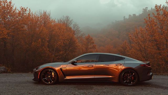 Luxury Sports Sedan in Autumn Forest Silhouette
