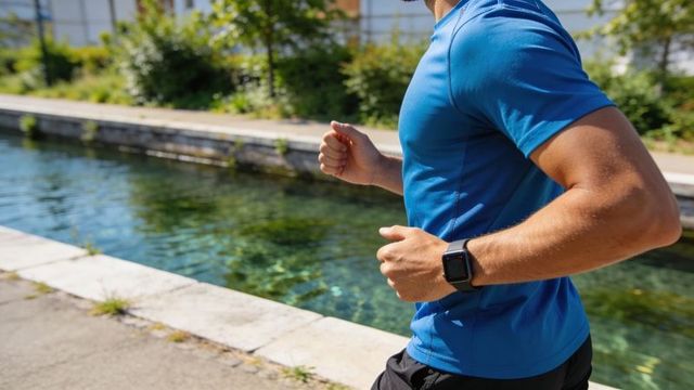 Male runner jogging along urban canal wearing smartwatch and blue running shirt