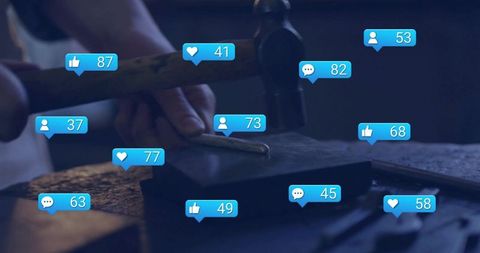 Craftswoman hammering metal on anvil with social media icons