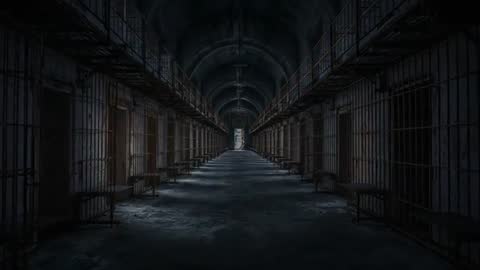 Tracking shot through abandoned prison cellblock with vaulted arches and exit light