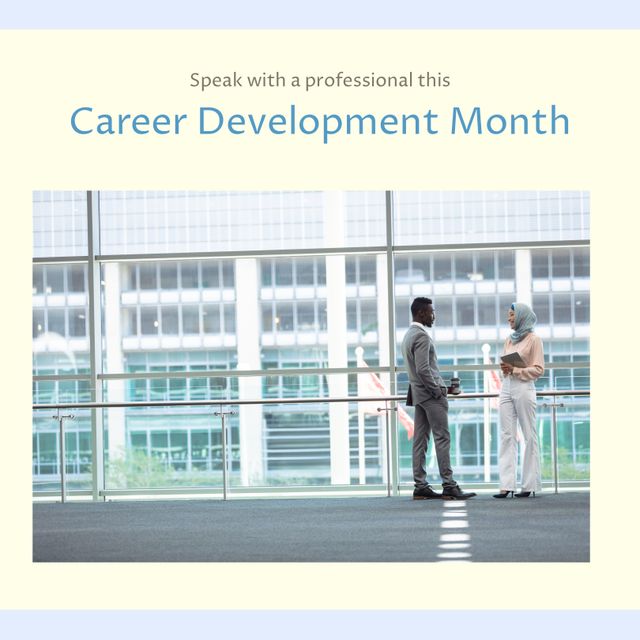 Image of career development month over diverse businesspeople in office. Business, work, career and develop concept.