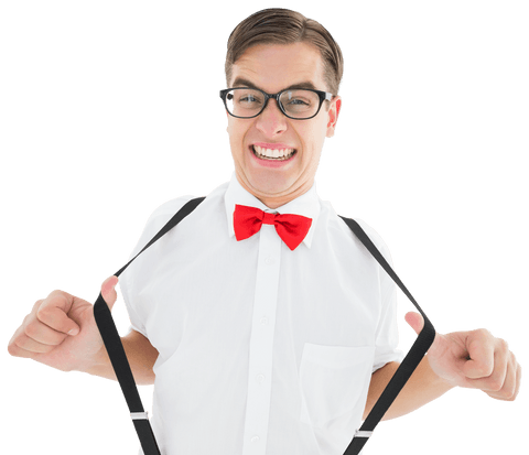 Geeky hipster with glasses and red bow tie pulling suspenders transparent