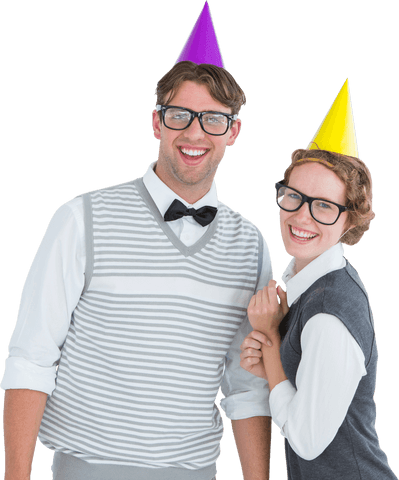 Transparent Smiling Hipster Couple with Party Hats and Glasses
