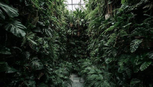 Lush tropical greenhouse corridor with central walkway, hanging planters and dense foliage