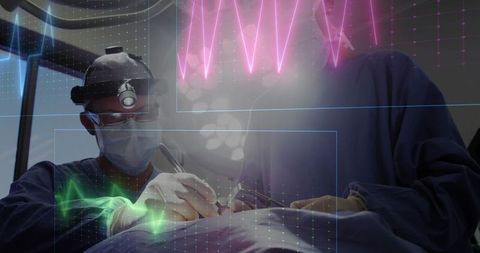 Surgeons performing augmented reality surgery with waveform overlays and hud grid