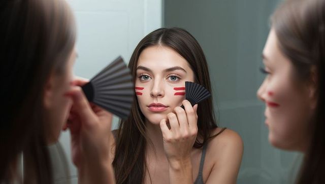 Woman applying red stripe cheek makeup with black fan tool while facing vanity mirror