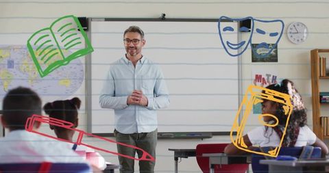 Male teacher leading interactive whiteboard lesson with colorful doodle icons and engaged students