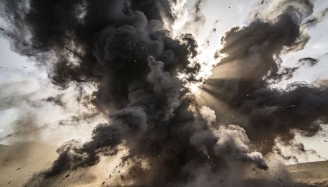 Towering smoke plume billowing over desert plain with sunbeams, flying debris and embers
