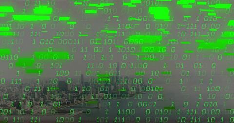 Cascading Neon Binary Overlaying Urban Harbor Skyline with Glitch Cyberpunk Atmosphere