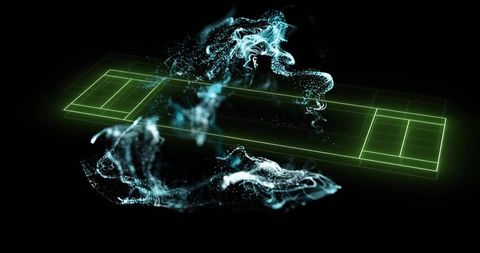 Futuristic Virtual Tennis Court with Digital Particle Waves
