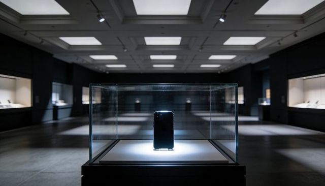 Black smartphone sitting inside glass case on illuminated museum pedestal with symmetry