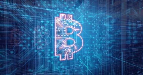 Glowing Bitcoin Symbol Pulsing in Futuristic Digital Network with Circuitry Pattern