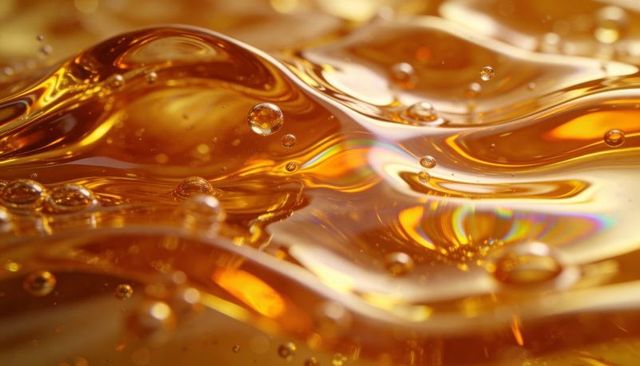 Shimmering amber liquid forming waves with floating bubbles and iridescent highlights