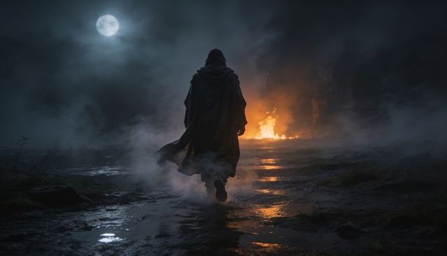 Cloaked wanderer walking through mist toward distant fire under full moon on misty moor