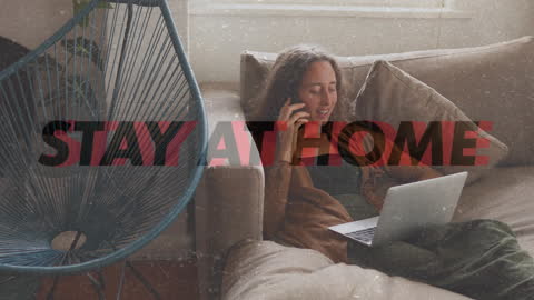 Stay At Home Text Animation with Woman Using Laptop and Phone