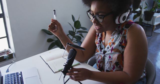 Smiling Woman Recording Podcast in Home Office with Headphones - Download Free Stock Images Pikwizard.com