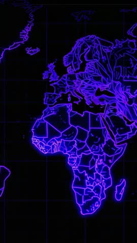 Vertical Neon Map Video Showing Pulsing Digital Outlines of Europe and Africa on Grid