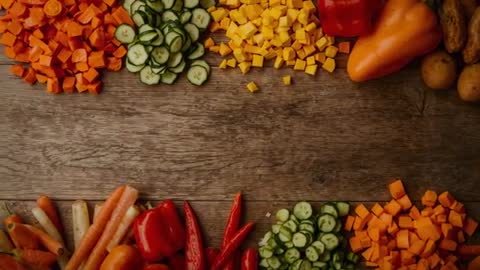 Panning camera revealing colorful diced carrots, cucumbers and peppers on rustic prep table