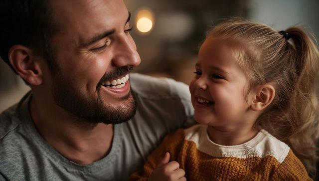 Father laughing and daughter smiling while sharing cozy evening cuddle and warm bond