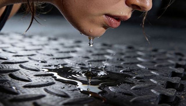 Sweaty athlete leaning, water droplet falling to gym floor, close-up splash and ripple
