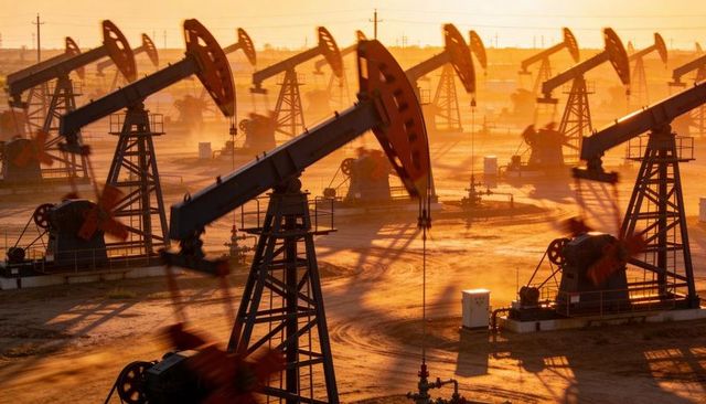 Golden sunrise over active pumpjack field pumping crude oil across industrial landscape