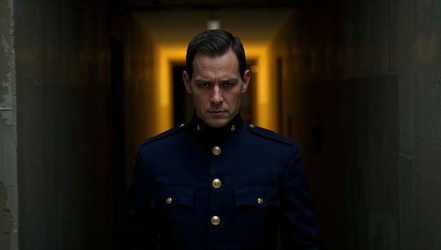 Military Officer in Dim Corridor with Gold Buttoned Blue Uniform