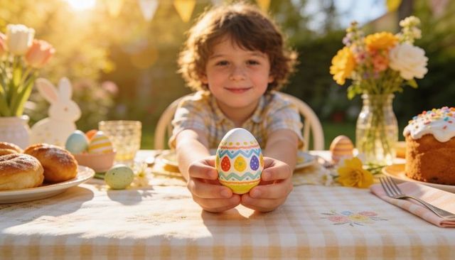 Child offering hand-painted easter egg at sunlit backyard table with spring treats