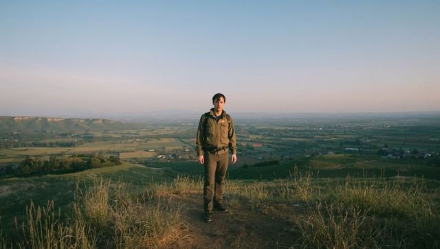 Standing hiker surveying rolling valley at golden hour wearing olive jacket and backpack
