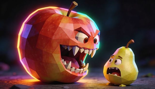 Lowpoly angry apple lunging at scared pear with neon rim lights dramatic confrontation