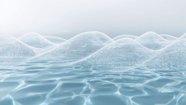 Translucent wireframe waves over shallow water ripples with caustic light and gradient