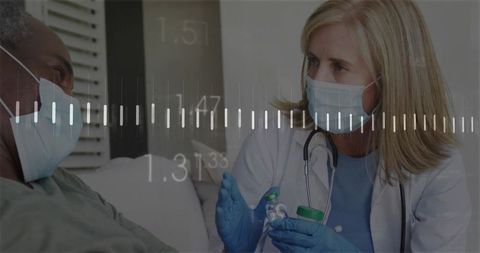 Bedside clinician holding vaccine vials while consulting masked patient with waveform overlay