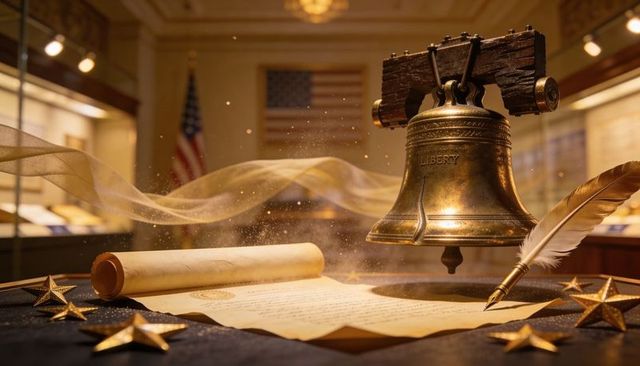 Liberty bell and quill over historic parchment with golden stars and flag in museum