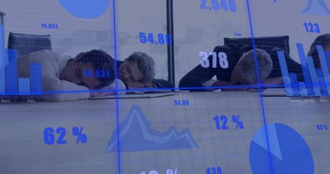Overworked business team sleeping amid financial data projections