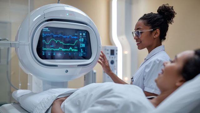 Nurse monitoring patient vital signs with advanced bedside monitor during clinical exam