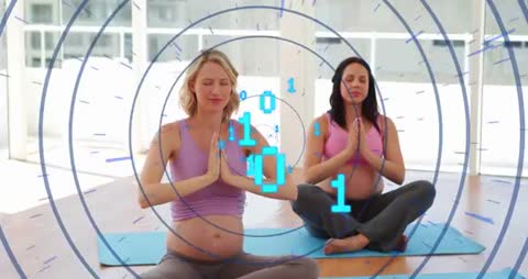 Pregnant Women in Prenatal Yoga Class With Digital Overlay