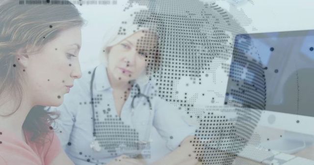 Doctor consulting patient with global health technology concept