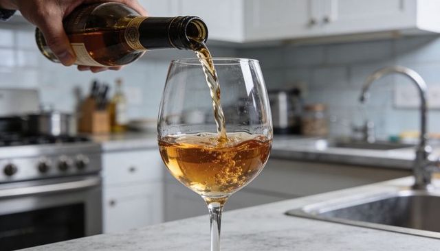 Pouring amber wine into stem glass on marble kitchen counter home entertaining