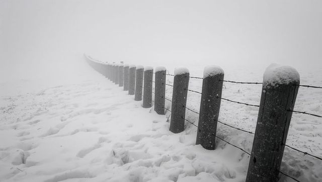 Snowcapped fence leading into foggy field with footprints minimal monochrome landscape