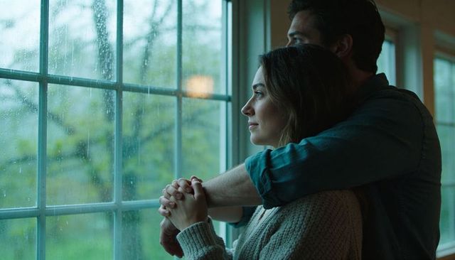 Couple embracing at rainy window gazing out contemplatively cozy intimate moment indoors