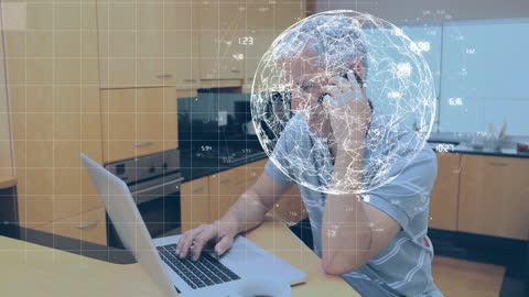 Man Working on Laptop with Overlay of Global Network