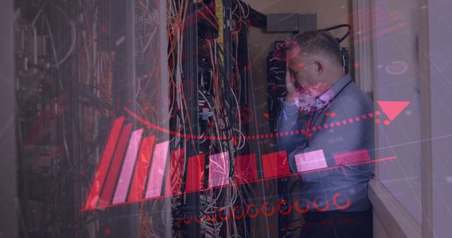 Worried Technician Standing By Network Servers With Graph Overlay - Download Free Stock Images Pikwizard.com