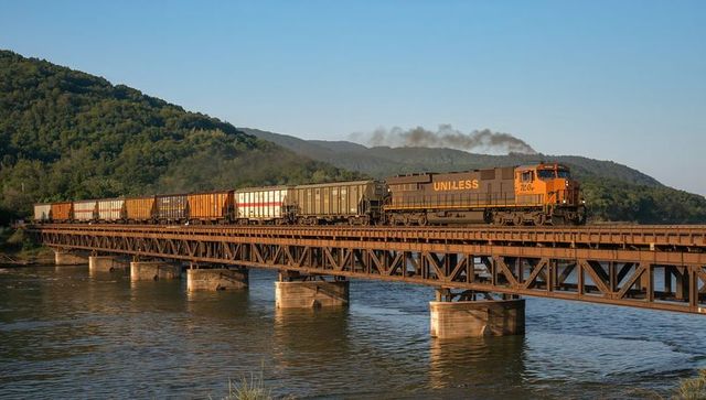 Orange-Black Locomotive Pulling Hopper Cars Crossing Steel Truss Bridge Over River at Golden Hour