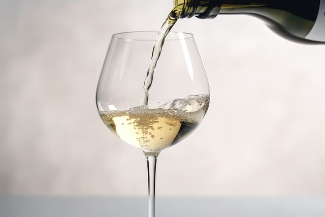 White wine pouring to glass from bottle on white background, created using generative ai technology. Wine week, drink, alcohol and wine tasting awareness concept digitally generated image.