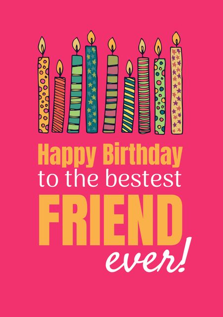 Ideal for celebrating a close friendship, this cheerful birthday card features an array of colorful candles and a sincere 'Happy Birthday to the bestest FRIEND ever!' message. Suitable for both digital and printed cards, this design brings joy and warmth to any friend's special day.