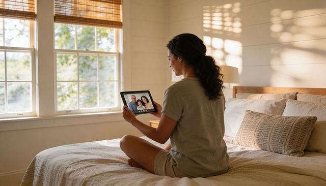 Woman sitting on bed holding tablet during family video call in cozy sunlit bedroom