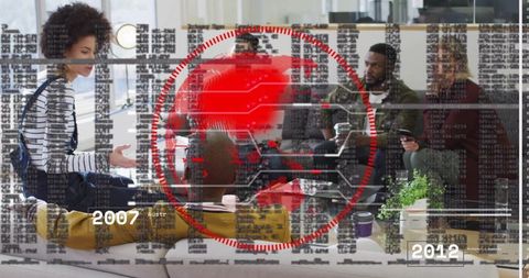 Collaborative Office Meeting with Digital Circuit and Timeline Overlay